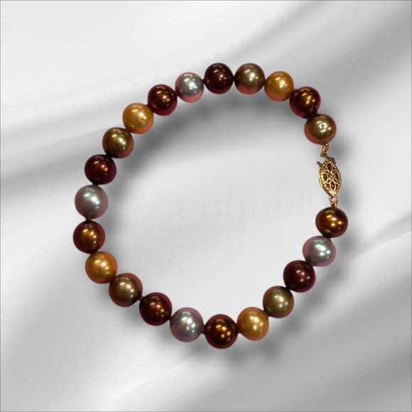 Elegant 14k  Gold Clasp Multi Color Freshwater Cultured Pearl Strand Bracelet - Picture 1 of 6